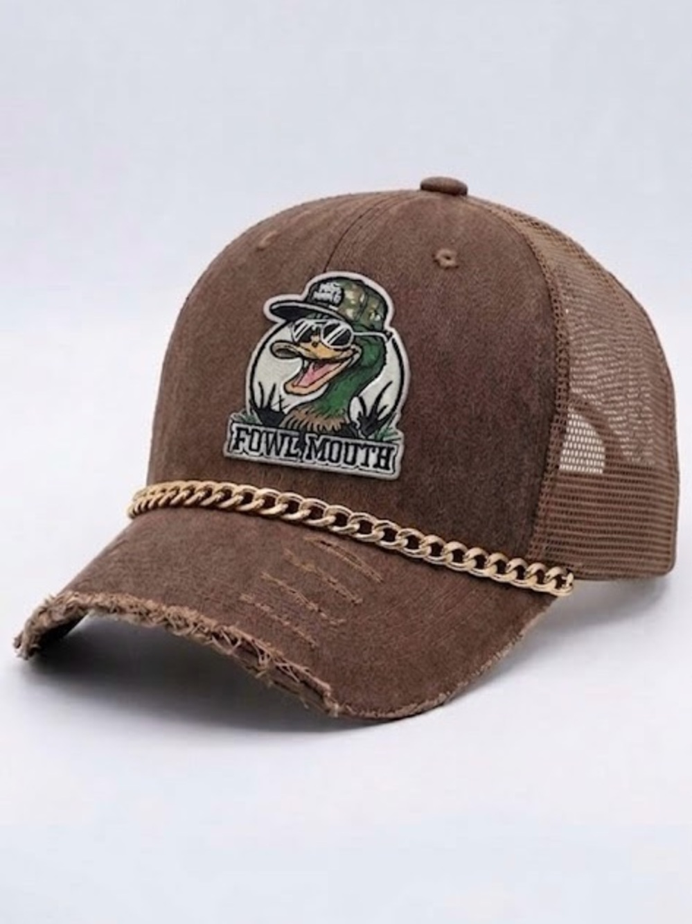 Handmade 'Fowl Mouth' Duck Patch Trucker Hat with Chain